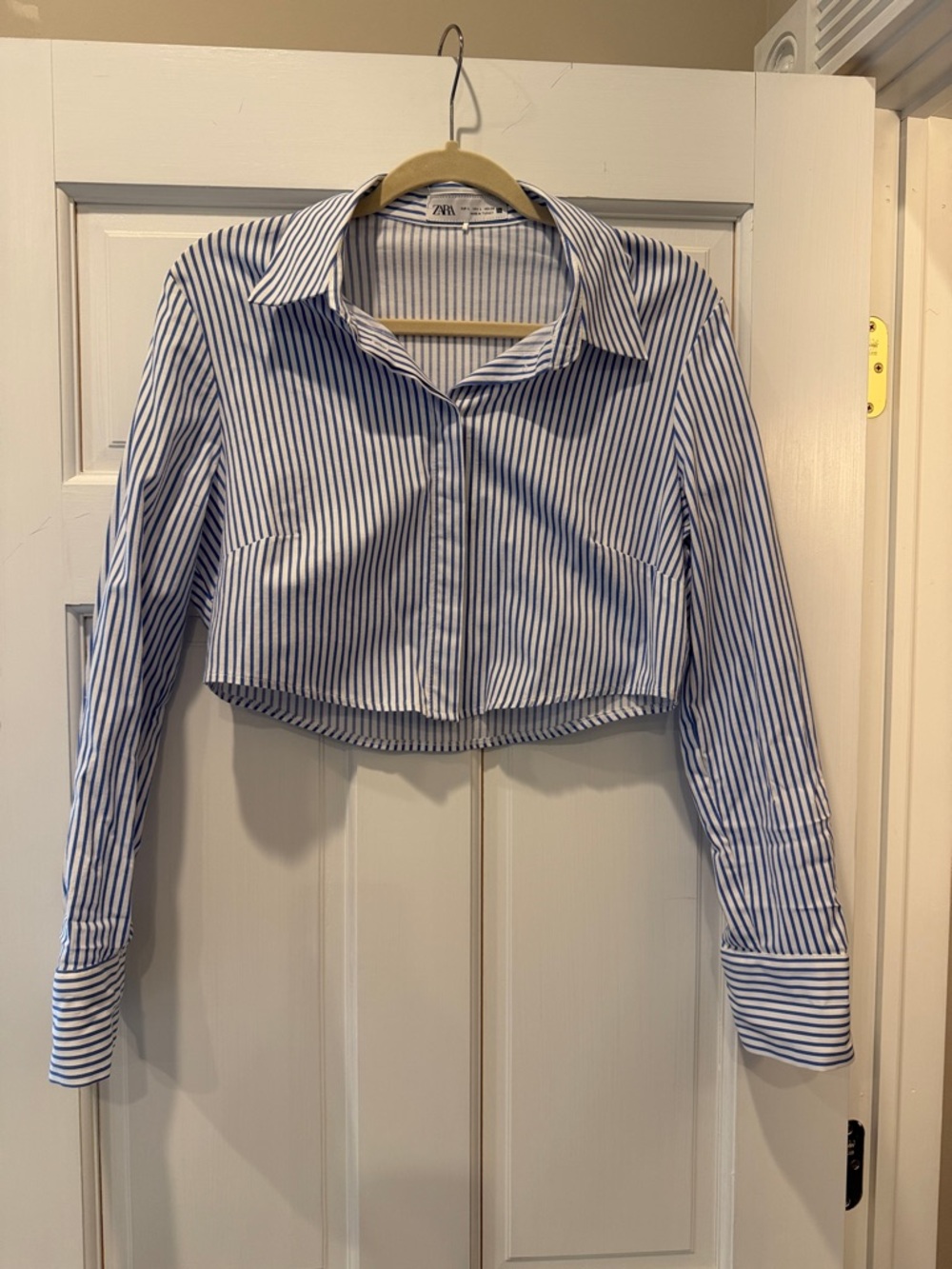 Zara Blue and White Striped Cropped Button-Down